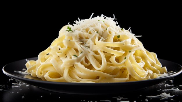 fettuccine Alfredo com queijo parmesão isolado em fundo preto