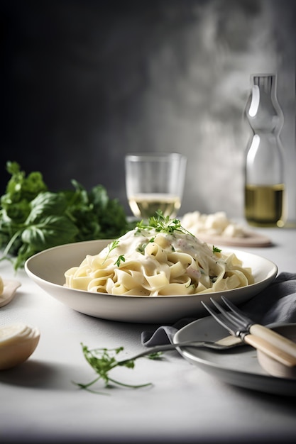 Fettuccine Alfredo pasta com molho de creme branco no prato comida italiana