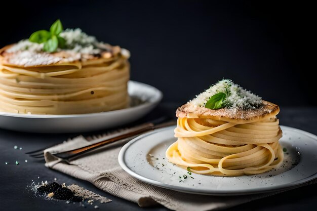 fettuccine alfredo con queso parmesano aislado sobre un fondo negro