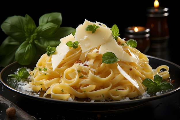 fettuccine alfredo con queso parmesano aislado sobre un fondo negro