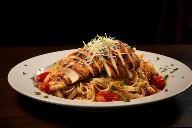 Foto fettuccine com frango parmesão tomate vista de lado