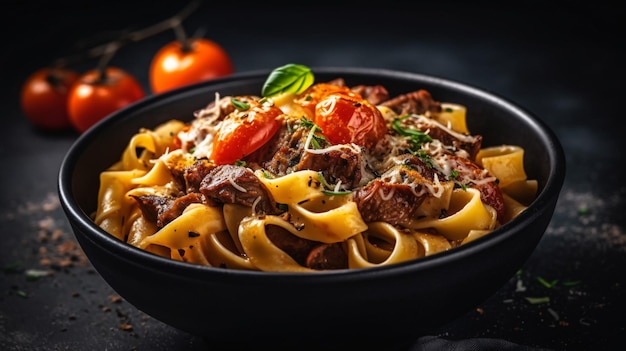 Foto fettuccine de macarrão com molho de ragu de carne em tigela preta fundo cinza copiar espaço vista superior generative ai