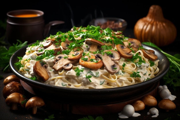 Fettuccine em molho de creme com frango e cogumelos