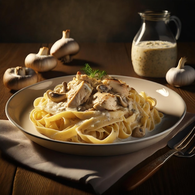 Fettuccine in Sahnesauce mit Hühnchen und Pilzen. Erstellt von Ai