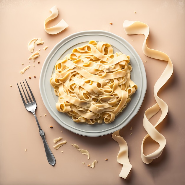 Fettucine von oben mit Alfredo-Sauce und Parmesan auf hellrosa Hintergrund