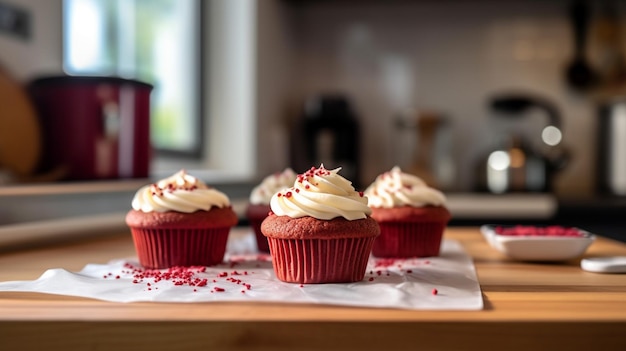 Feuchte, flauschige Cupcakes mit leuchtend roter Farbe, garniert mit cremigem Frischkäse. Generatives KI-Bild