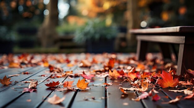 Foto feuchte herbstblätter auf einem holzboden