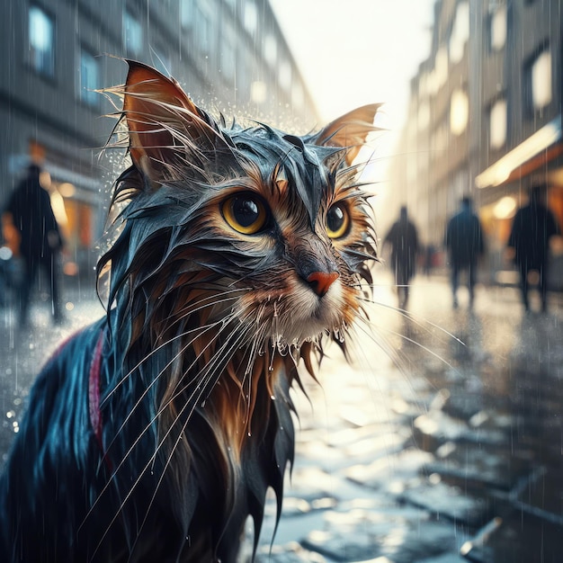 Feuchte Katze im Regen auf einer Stadtstraße