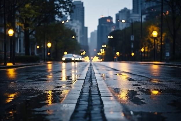 Feuchte Straße nach Regen in der Stadt bei bewölktem Wetter