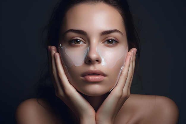 Feuchtigkeitscreme für das Gesicht Junge Frau trägt ein Schönheitsprodukt auf ihre klare Haut auf