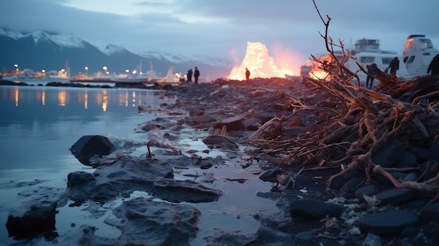 Feuer am Ufer eines Flusses. Kreatives Hintergrundbild für hochauflösende Fotografie