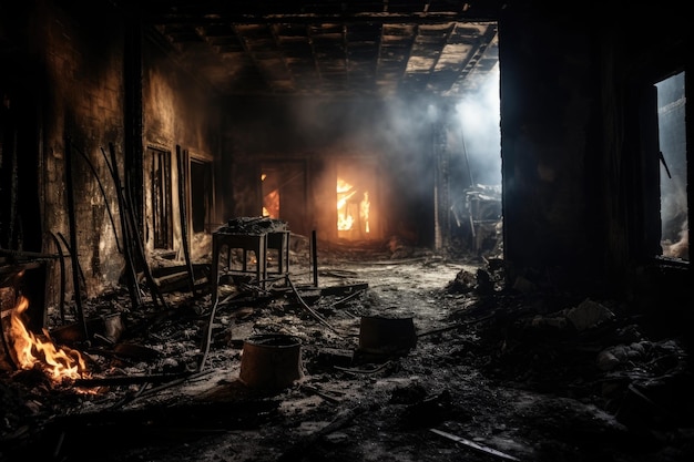 Feuer beschädigte das Innere des Hauses und zerstörte den Gebäuderaum nach einer Katastrophe oder einem Kriegskonzept
