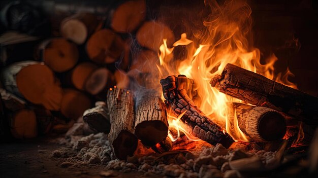 Feuer brennt in einem Kamin in einer Nacht. Nachtlicht im Stil lebendiger Farben in der Natur