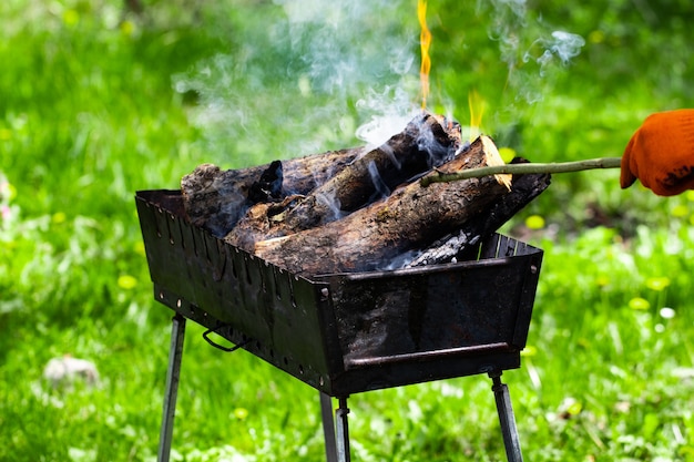 Feuer, Flammen aus Holzglut für Grill- oder Grillpicknick, Rauch und Brennholz