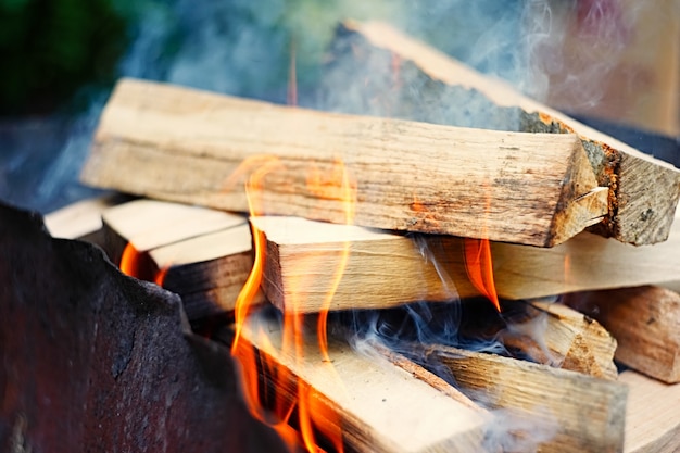 Feuer, Flammen aus Holzkohle für Grill oder Grillpicknick, Rauch und Brennholz im Freien