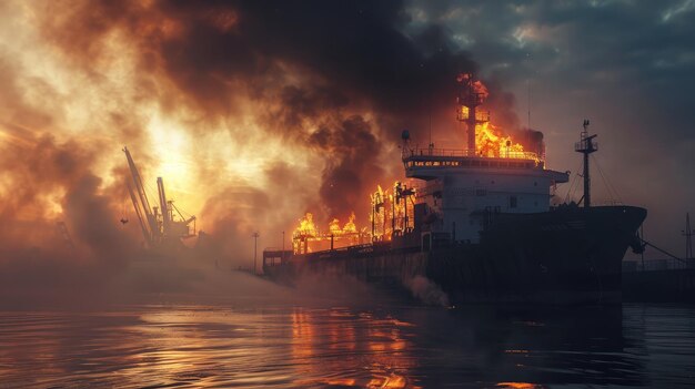 Feuer im Hafen brennendes Schiff Frachtfahrzeug