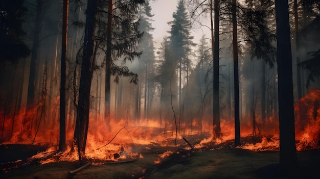 Feuer im Wald, wenn die Sonne durch die Bäume scheint