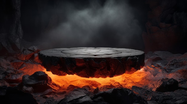 Feuer Lava-Podium Fels Vulkan Hintergrundprodukt Magma-Anzeige 3D-Szene Steinboden Plattform Lavapodium Bergfeuer Rauch Bühne heißer Außenboden geometrisch isolierte Explosion abstrakte Textur Meteor
