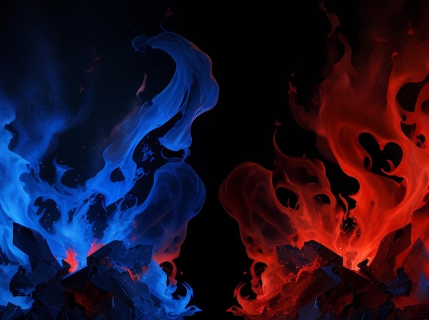 Feuer und Eis, rote und blaue Flammen auf schwarzem Hintergrund an beiden Enden