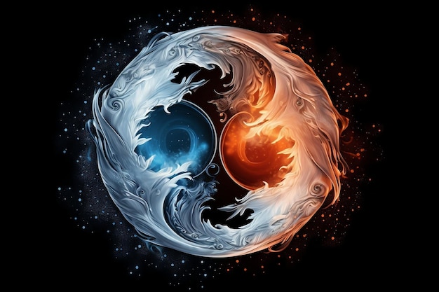 Feuer und Eis Yin Yang auf schwarzem Hintergrund Generative KI