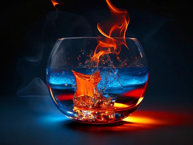 Feuer und Eiswürfel im riesigen runden Glas Foto