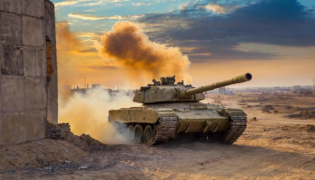 Feuer und Rauch in der Wüste militärische Spezialeinheiten Panzer mit Krieg in der Stadt mit Sonnenuntergang Himmel