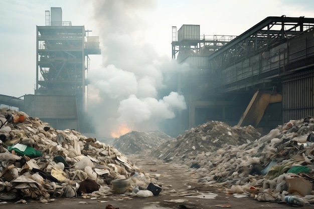 Feuer und Rauch in einer Mülldeponie in einer industriellen Umgebung