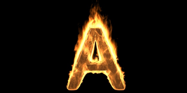 Feueralphabetbuchstabe A brennende Flamme Heiße feurige Schrift, die auf schwarzem Hintergrund 3D-Illustration leuchtet