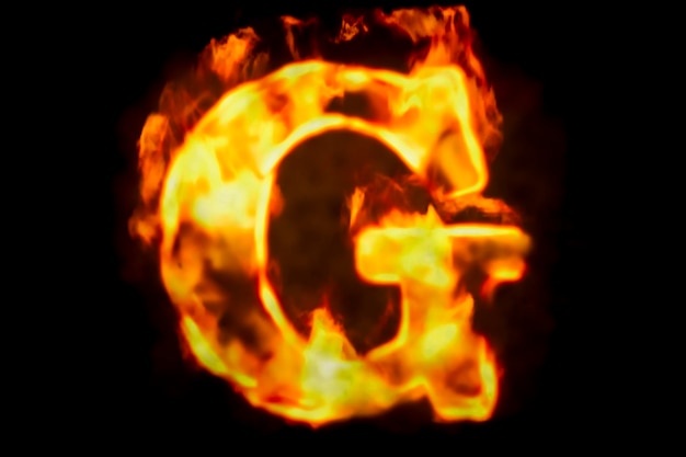 Feuerbuchstabe G der brennenden Flamme, Licht 3D-Rendering
