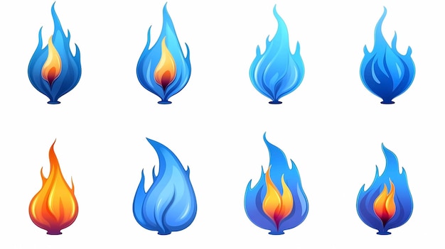 Foto feuerflamme-ikonensatz und cartoon-satz von feuerflammen-vektor-ikonen für das webdesign