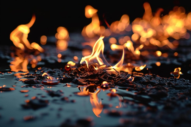 Feuerflammen mit Reflexion auf schwarzem Hintergrund Nahaufnahme Selektive Fokussierung