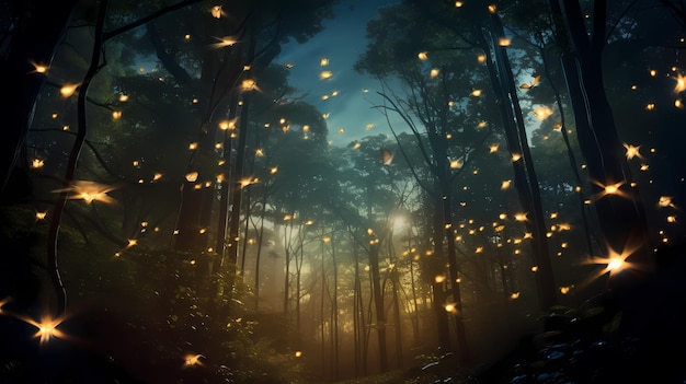 Feuerfliege Nachtlandschaft Illustration Nachtwaldlandschaft Nachtwaldnachtlandschaft Feenwelt