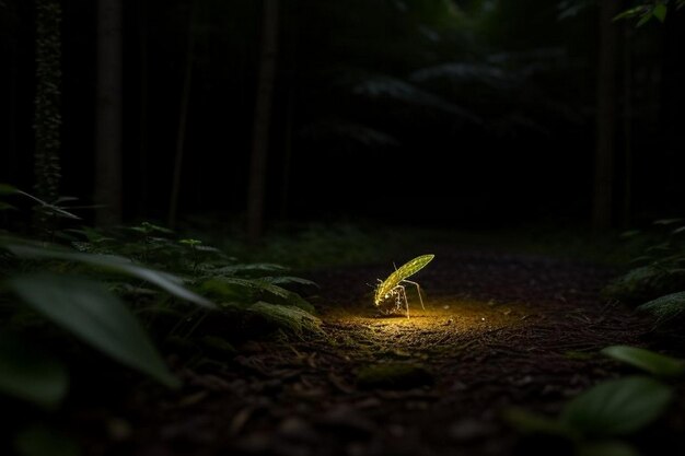 Feuerfliegen, die nachts im Wald leuchten