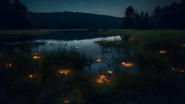 Feuerfliegen in einer Wiese am See in der Nacht generative ai