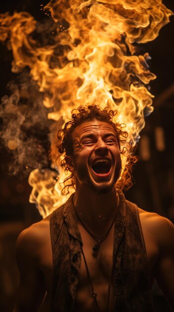 Foto feuerfresser, gewagter darsteller, der mit leichtigkeit flammen spuckt