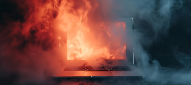 Feueriger Laptop, der von Rauch umgeben ist, auf dunklem Hintergrund, realistische Szene