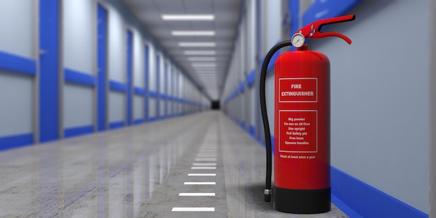Feuerlöscher an einer Wand verschwimmen Krankenhauskorridor Hintergrund 3D-Illustration