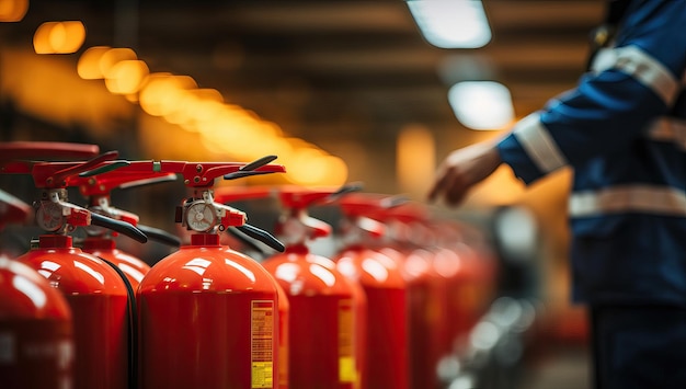 Feuerlöscher in der Feuerwehr mit verschwommenem Hintergrund und Bokeh