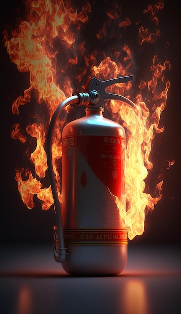 Foto feuerlöscher mit flammen im hintergrund. brandbekämpfung mit wesentlicher sicherheitsausrüstung