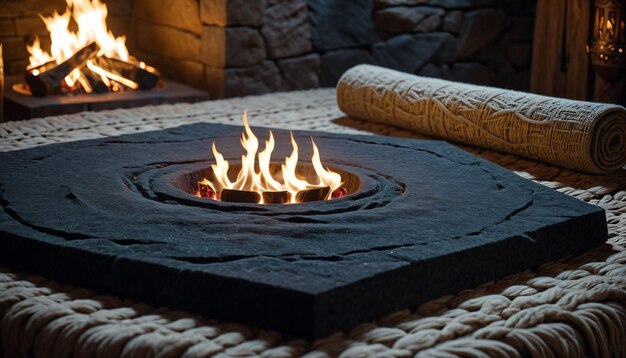 Feuerstelle auf einem steinernen Tisch mit Kamin im Hintergrund