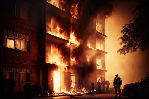 Feuerwehr mit Feuerwehrleuten im Einsatz bei einem Brand in einem Wohnhaus