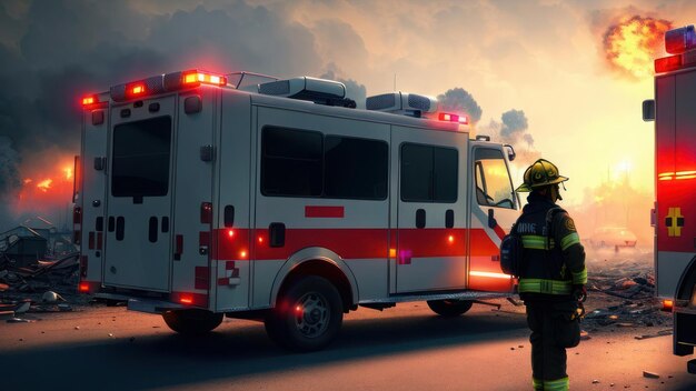 Feuerwehr- und Rettungsfahrzeuge stehen vor brennendem Himmel.