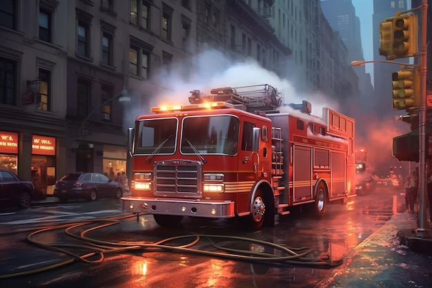 Feuerwehrauto auf der Straße in der Stadt mit KI generiert