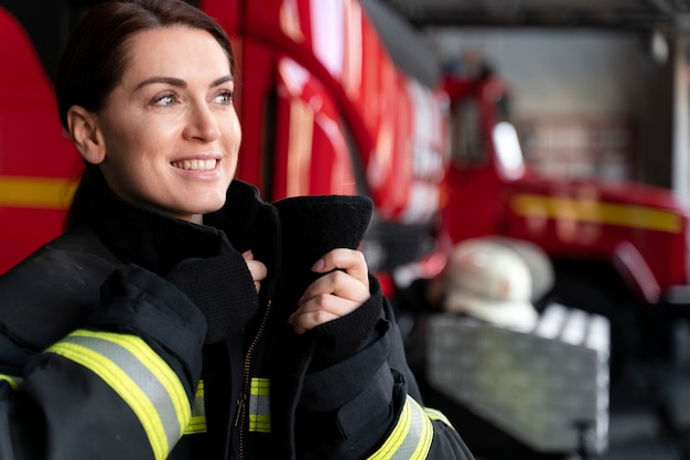 Foto feuerwehrfrau im anzug bereit für die arbeit