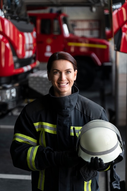 Foto feuerwehrfrau im anzug bereit für die arbeit