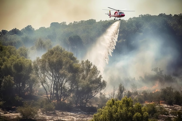 Feuerwehrhubschrauber löscht Waldbrand Generative KI-Illustration