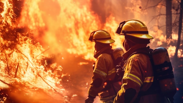 Foto feuerwehrleute an vorderster front arbeiten als team daran, den waldbrand zu unterdrücken, die unmittelbare ökologische krise anzugehen und weitere schäden an gefährdeten ökosystemen zu verhindern. textfreiraum-banner