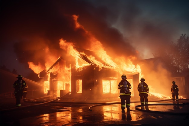 Feuerwehrleute arbeiten gemeinsam daran, ein brennendes Haus zu löschen