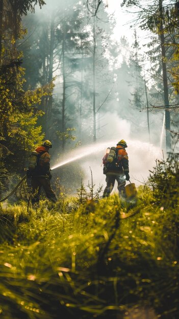 Foto feuerwehrleute arbeiten unermüdlich, um ein heftiges waldfeuer unter kontrolle zu bringen.