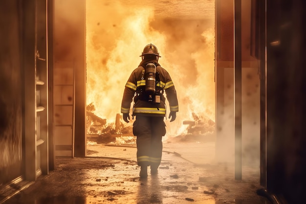 Feuerwehrleute bekämpfen den Brand in einem brennenden Gebäude